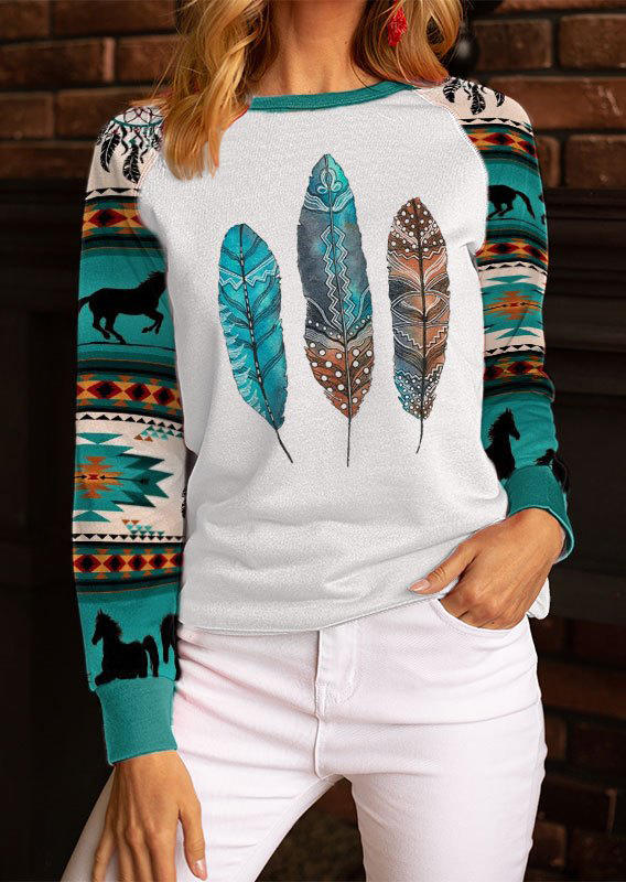 Blouses Aztec Geometric Feather Horse Long Sleeve Blouse in Multicolor. Size: S