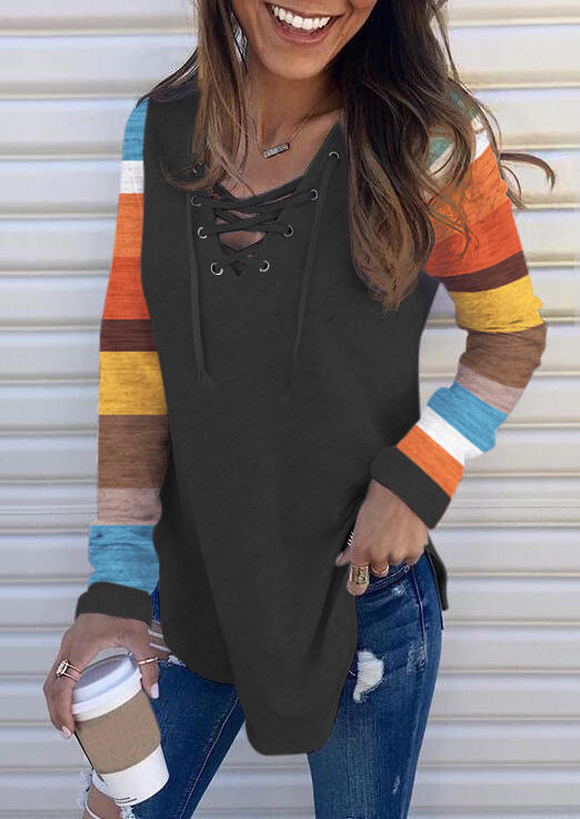 Color Block Lace Up Long Sleeve Blouse - Dark Grey