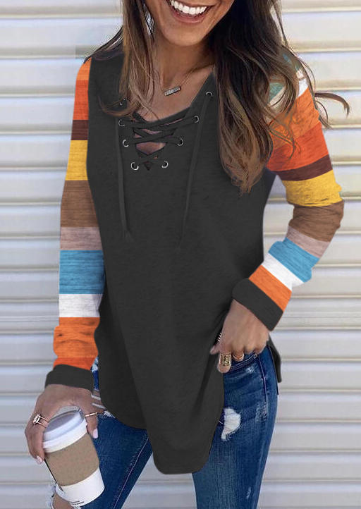Color Block Lace Up Long Sleeve Blouse - Dark Grey