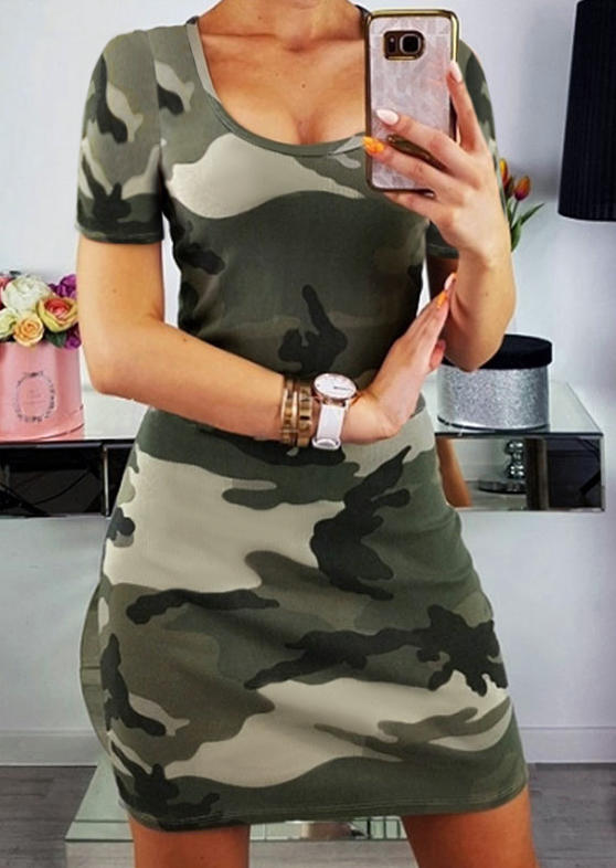 Camouflage Zipper Short Sleeve Bodycon Dress