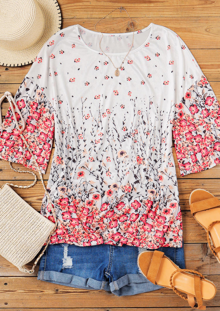 

Blouses Floral Drop Shoulder Casual Blouse in Red. Size