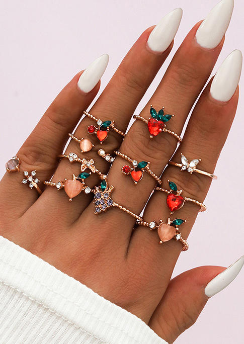 

Rings 11Pcs Apple Peach Butterfly Rhinestone Open Adjustable Ring Set in Gold. Size