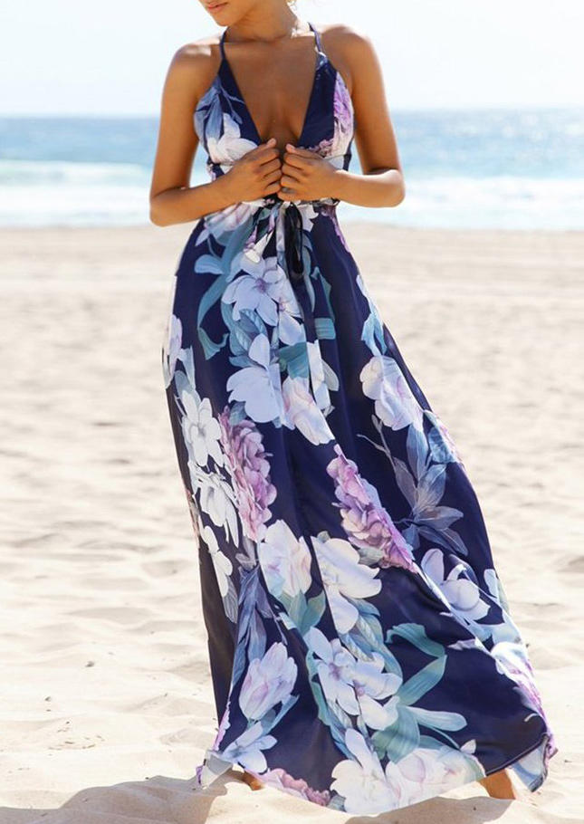 

Maxi Dresses Floral Criss-Cross Open Back Maxi Dress in Multicolor. Size: ,M,L,XL