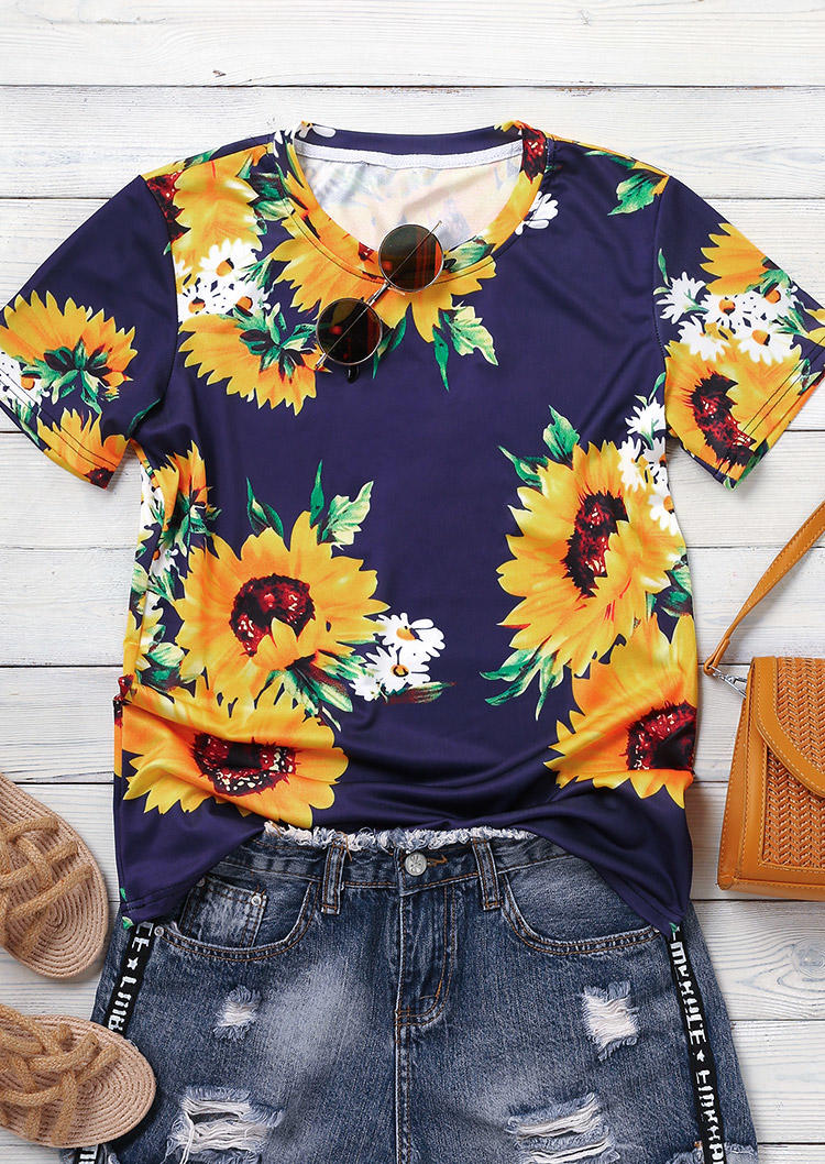 

T-shirts Tees Sunflower Daisy O-Neck T-Shirt Tee in Navy Blue. Size