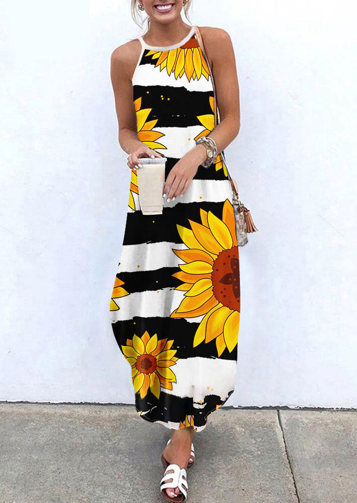 

Maxi Dresses Striped Sunflower Spaghetti Strap Asymmetric Maxi Dress in Stripe. Size