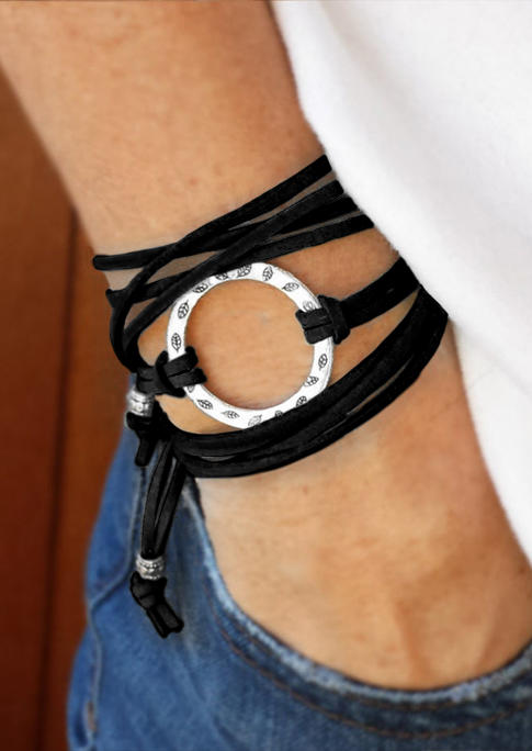 Leaf Floral Circle Leather Bracelet, Black, 511043