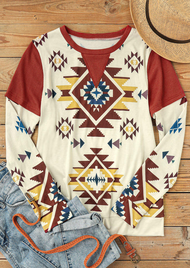 

Blouses Aztec Geometric Long Sleeve O-Neck Blouse in Multicolor. Size: ,L