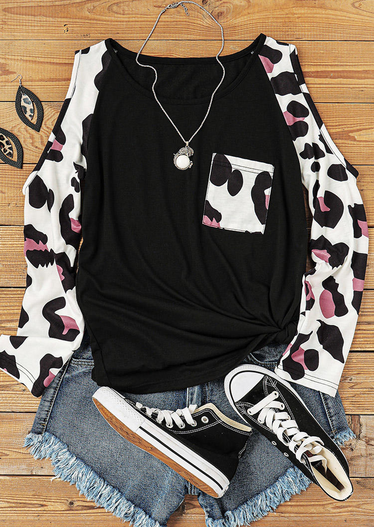 

Blouses Leopard Splicing Pocket Cold Shoulder Blouse in Black. Size: ,L,XL