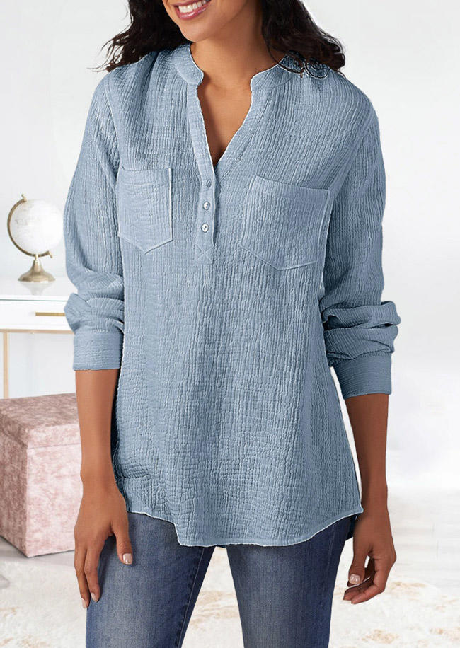 

Blouses Pocket Button Long Sleeve Blouse in Blue. Size