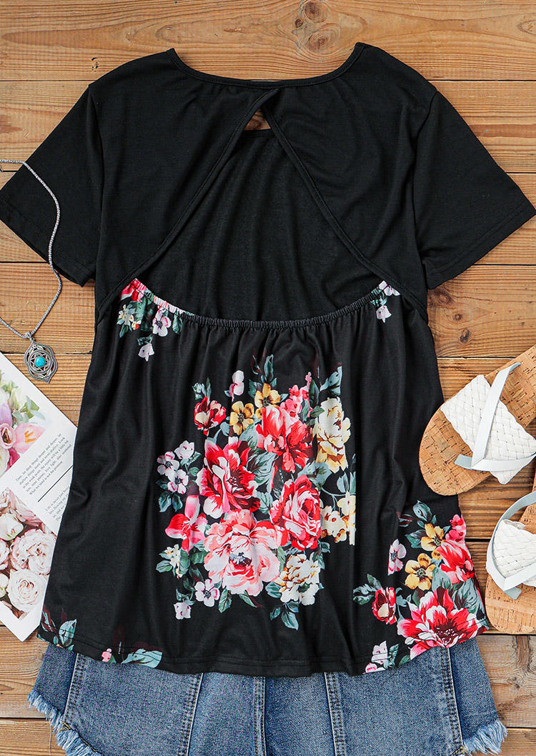 Blouses Floral Open Back Ruffled Short Sleeve Blouse in Black. Size: L,M,S