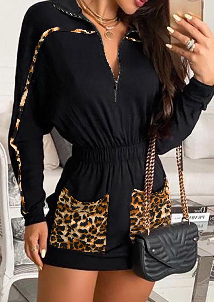 Mini Dresses Leopard Pocket Zipper Collar Mini Dress in Black. Size: L,M,S,XL