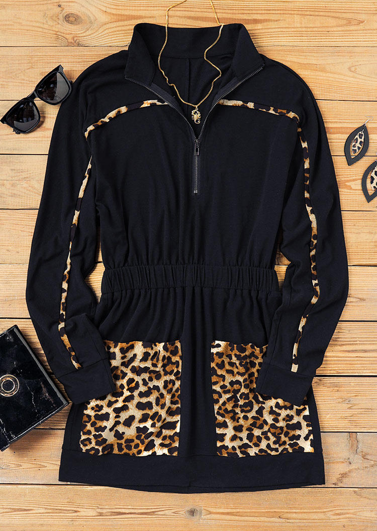 Leopard Pocket Zipper Collar Mini Dress - Black