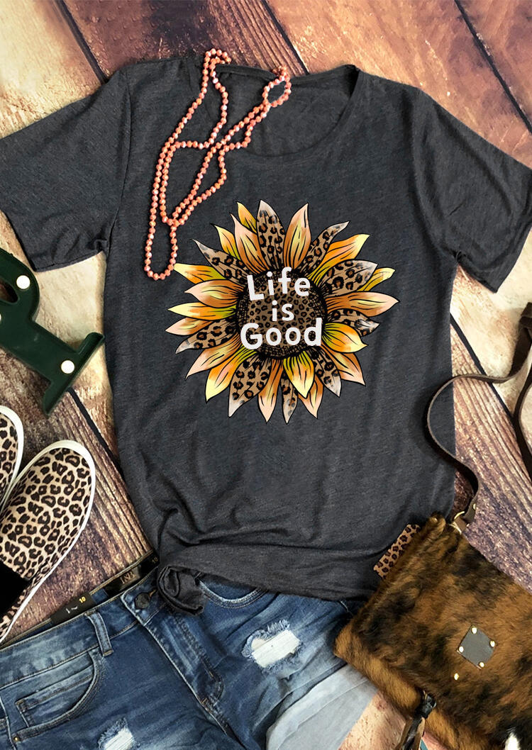 

T-shirts Tees Life Is Good Leopard Sunflower T-Shirt Tee in Dark Grey. Size