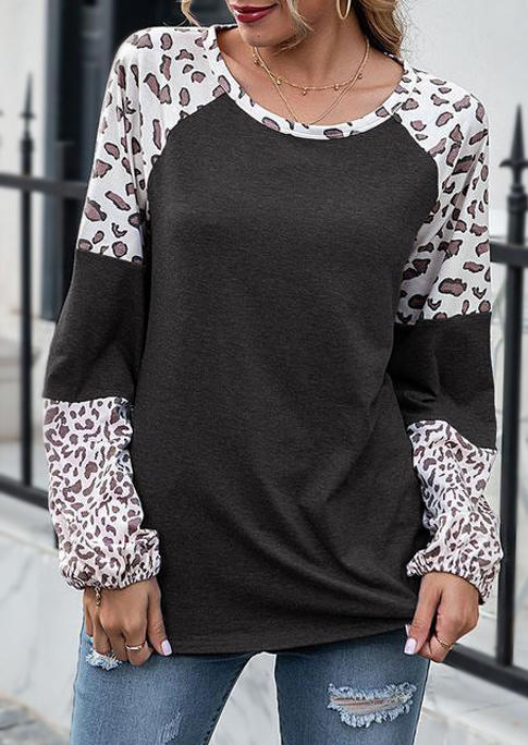 

Blouses Leopard Splicing Long Sleeve Blouse in Dark Grey. Size: ,M,L