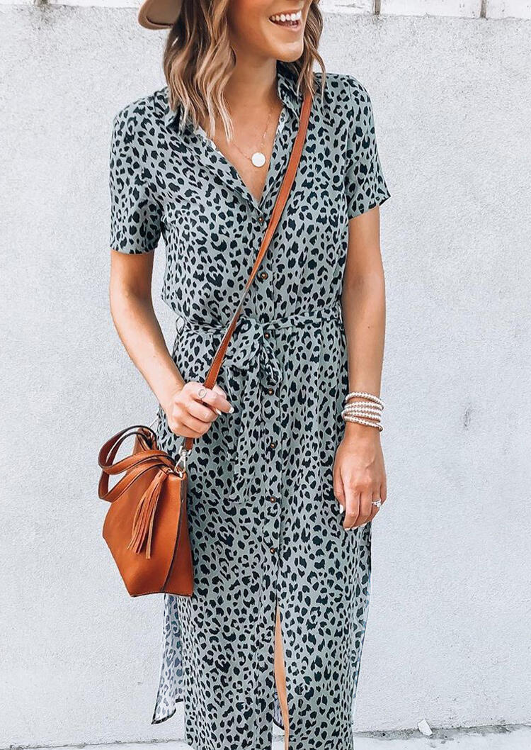 Midi Dresses Leopard Turn-Down Collar Slit Midi Dress in Gray. Size: ,L,XL