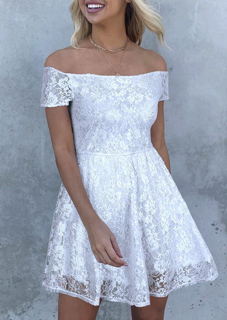 Mini Dresses Lace Off Shoulder Mini Dress in White. Size: L,M,S