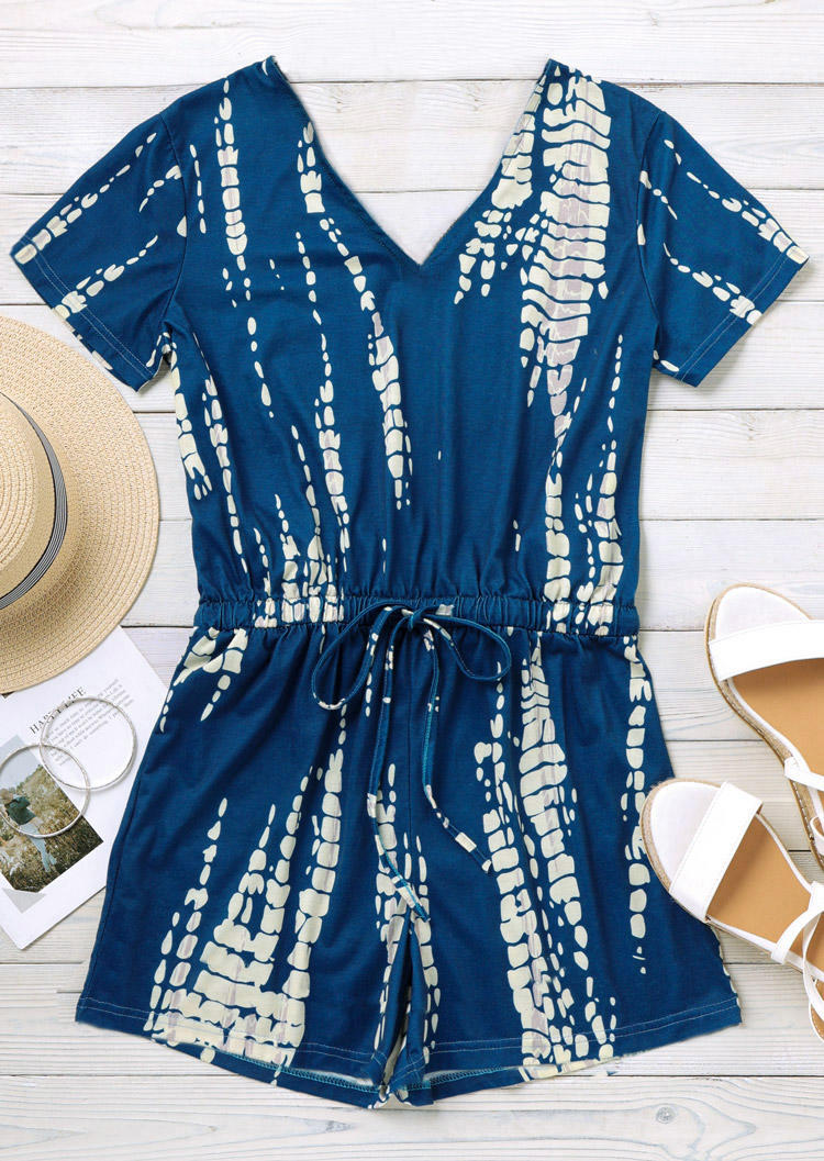 

Jumpsuits & Rompers Tie Dye Drawstring Elastic Waist V-Neck Romper in Blue. Size
