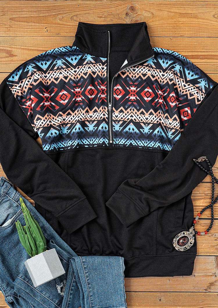 

Sweatshirts Aztec Geometric Zipper Pocket Sweatshirt in Black. Size