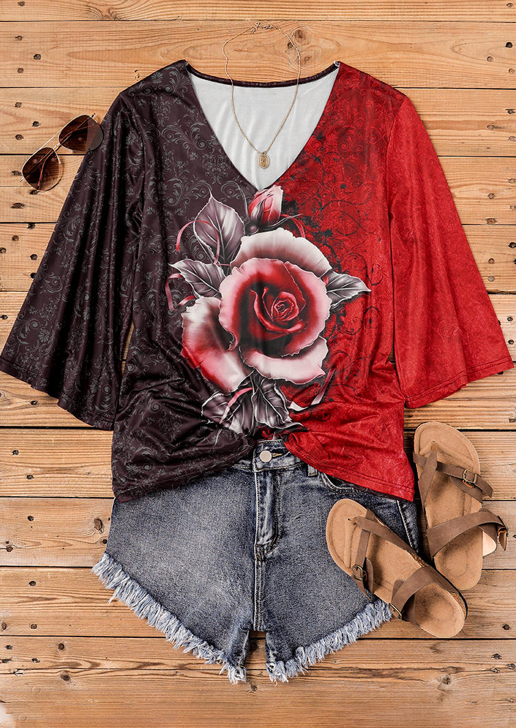 

Blouses Rose V-Neck Flare Sleeve Blouse in Red. Size: ,L,XL