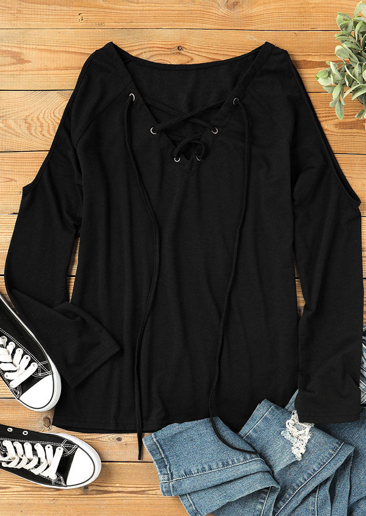 Blouses Lace Up Cold Shoulder Casual Blouse in Black. Size: M