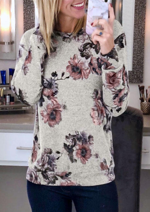

Blouses Floral Long Sleeve O-Neck Blouse in Light Grey. Size: ,M,L,XL