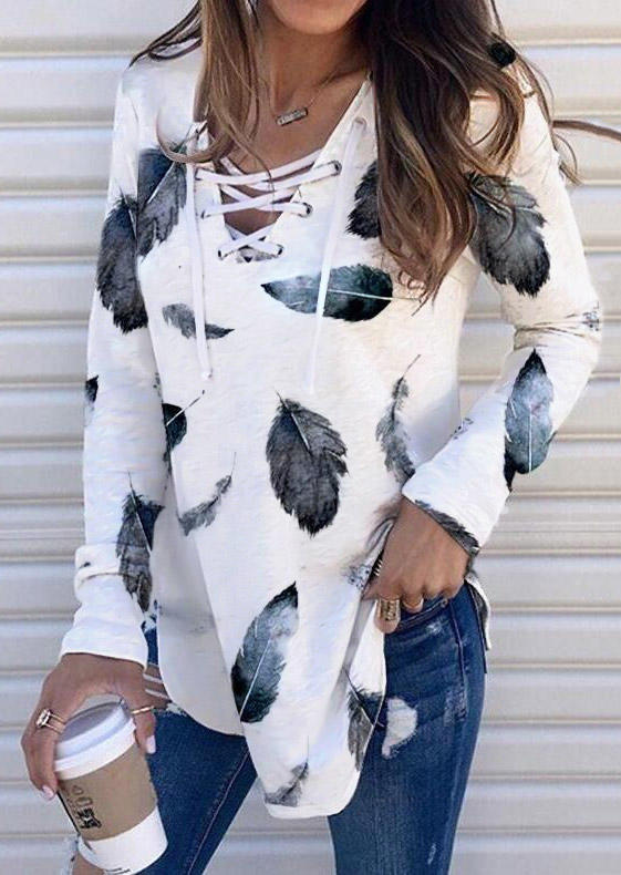 

Blouses Lace Up Feather Long Sleeve Blouse in White. Size: ,M,L,XL