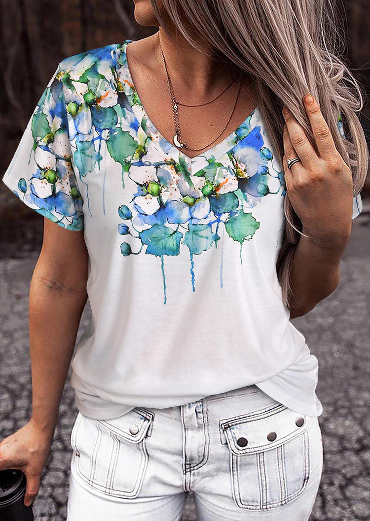 

T-shirts Tees Floral Leaf V-Neck T-Shirt Tee in White. Size: ,M,L,XL