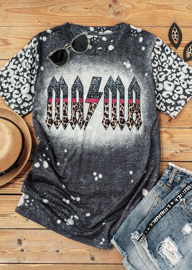 

T-shirts Tees Mama Leopard Bleached O-Neck T-Shirt Tee in Dark Grey. Size