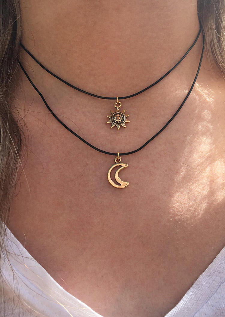 

Necklaces 2Pcs Hollow Out Moon Sun Pendant Necklace Set in Gold,Silver. Size
