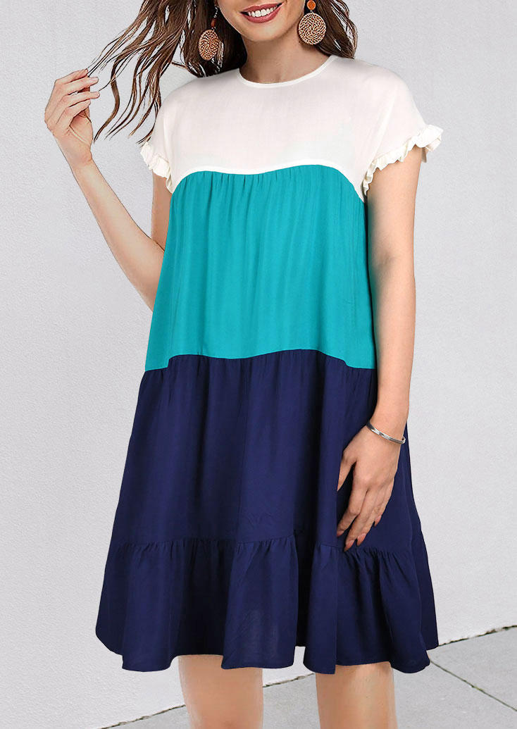 

Mini Dresses Color Block Ruffled O-Neck Mini Dress in Multicolor. Size