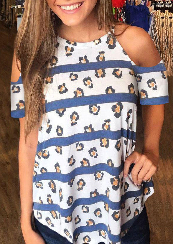 Leopard Striped Cold Shoulder Blouse - White