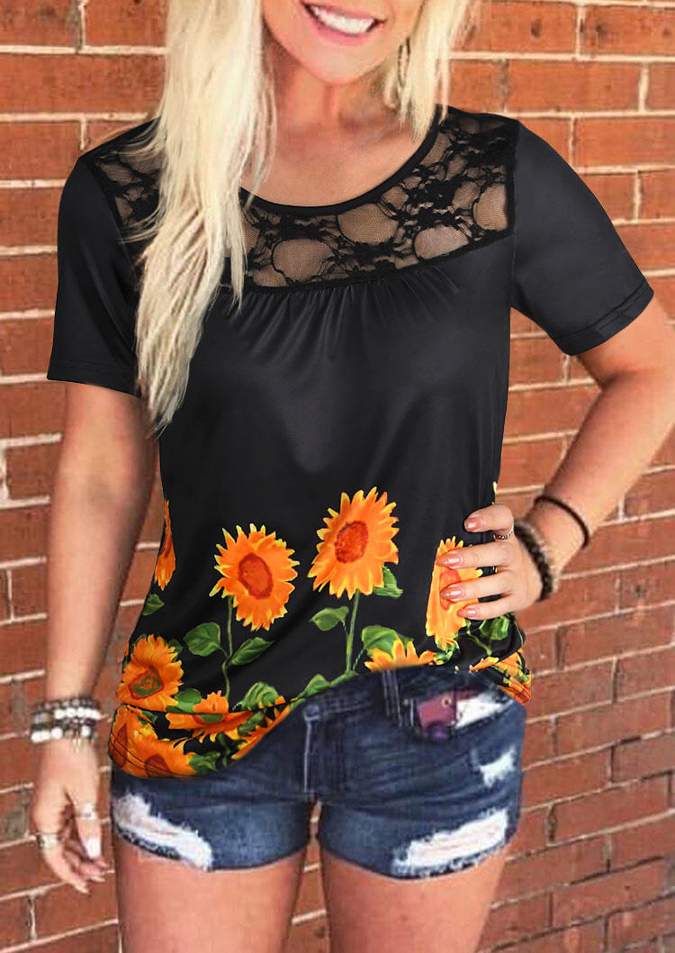 

Blouses Sunflower Lace Splicing O-Neck Blouse in Black. Size: ,M,L,XL