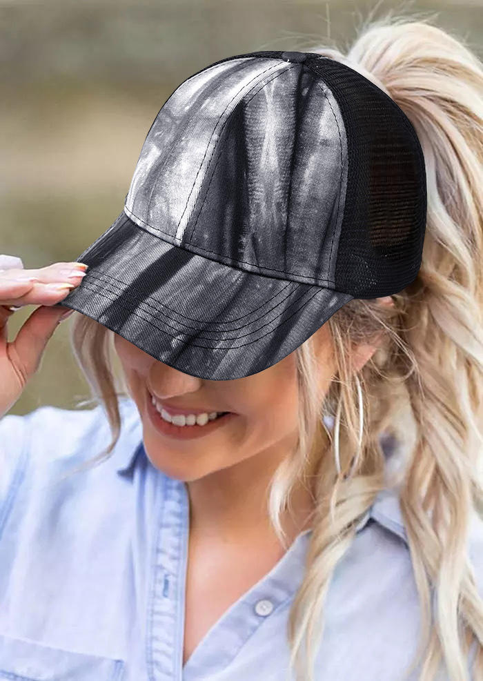 

Hats Bleached Tie Dye Mesh Splicing Hollow Out Baseball Cap in Black. Size