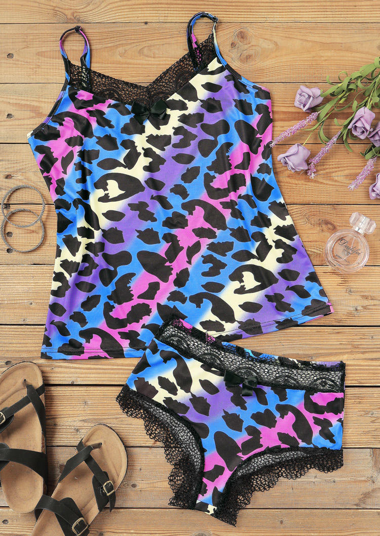Sleepwear Colorful Gradient Leopard Lace Camisole And Shorts Pajamas Set in Multicolor. Size: S,XL