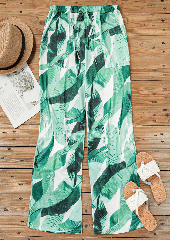 

Pants Palm Leaf Drawstring Wide Leg Pants in Green. Size