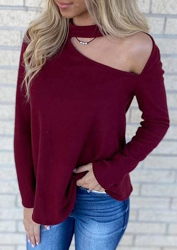 Hollow Out Long Sleeve Blouse - Burgundy