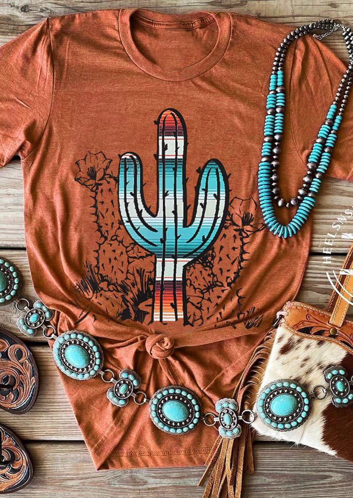 

T-shirts Tees Serape Striped Cactus O-Neck T-Shirt Tee in Orange. Size