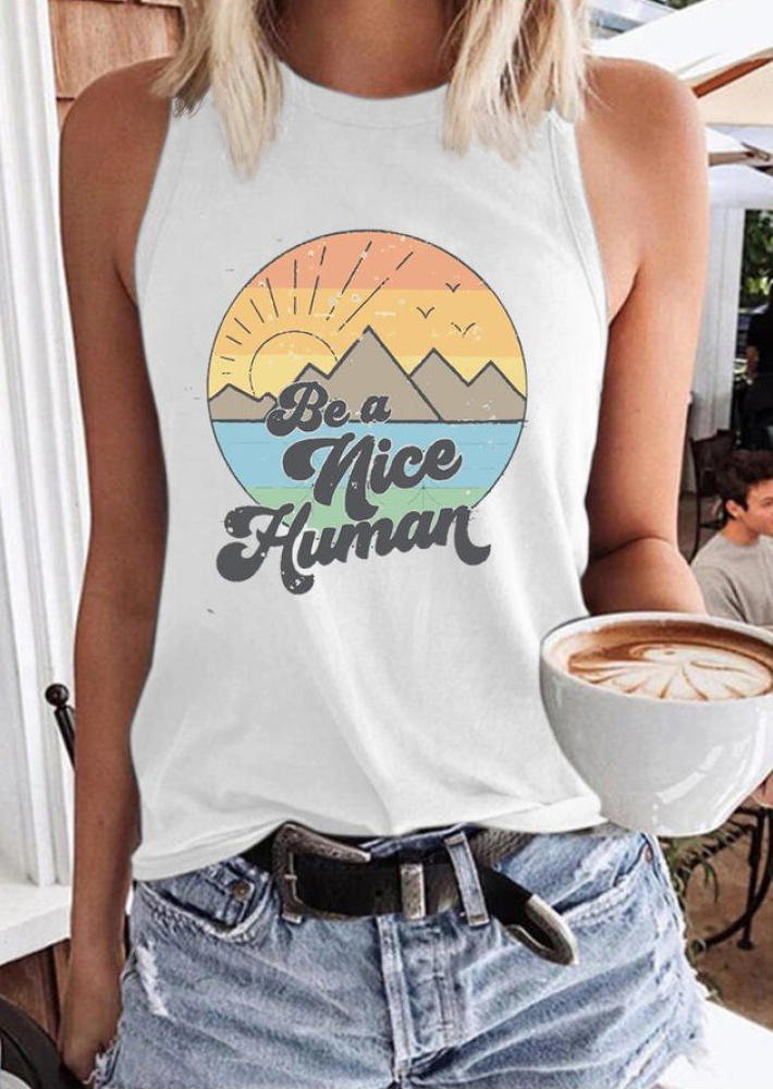 

Tank Tops Be A Nice Human Mountain Tank Top in White. Size: ,M,L,XL