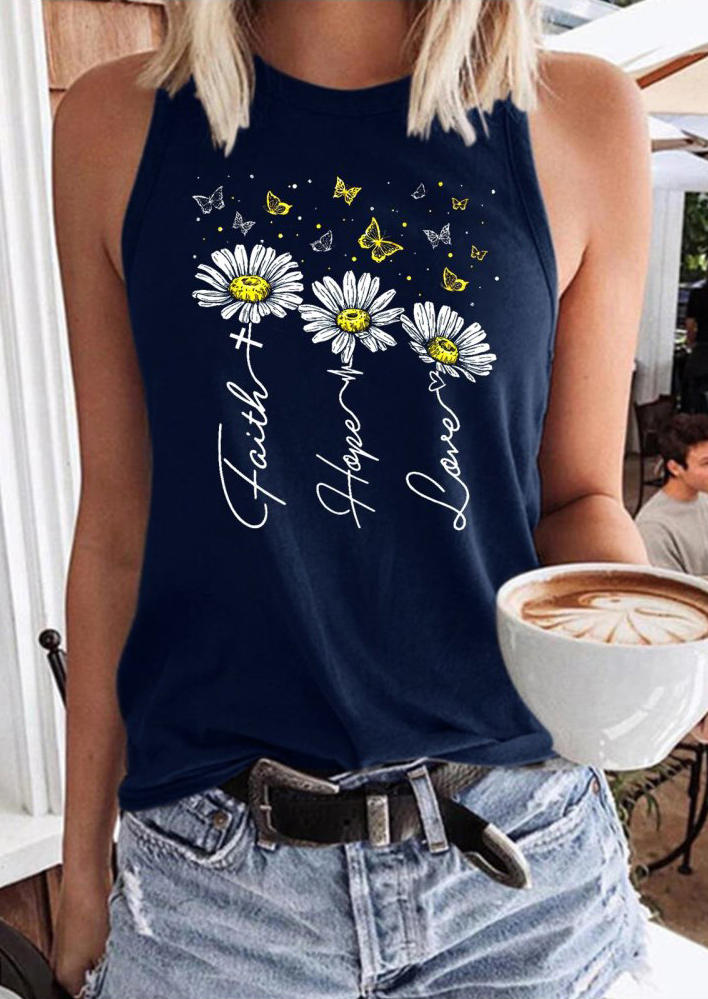 

Tank Tops Faith Hope Love Daisy Butterfly Tank Top in Deep Blue. Size