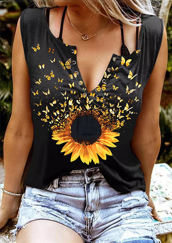 

Tank Tops Sunflower Butterfly Notched Neck Hole Tank Top in Black. Size