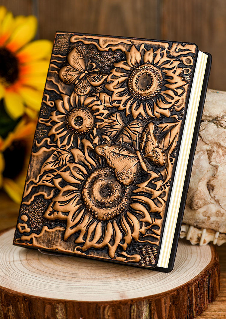 

Vintage Embossed Sunflower PU Leather Journal Notebook in Brown. Size