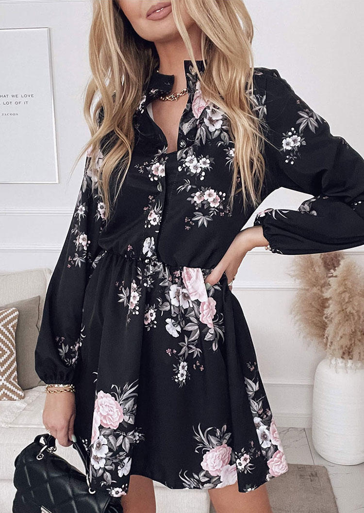 Floral Button Elastic Cuff Mini Dress - Black