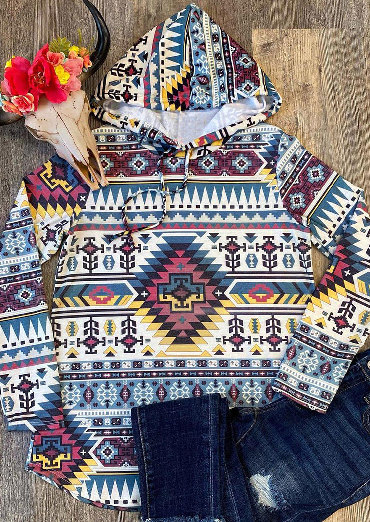 Hoodies Aztec Geometric Long Sleeve Hoodie in Multicolor. Size: L,M,S,XL