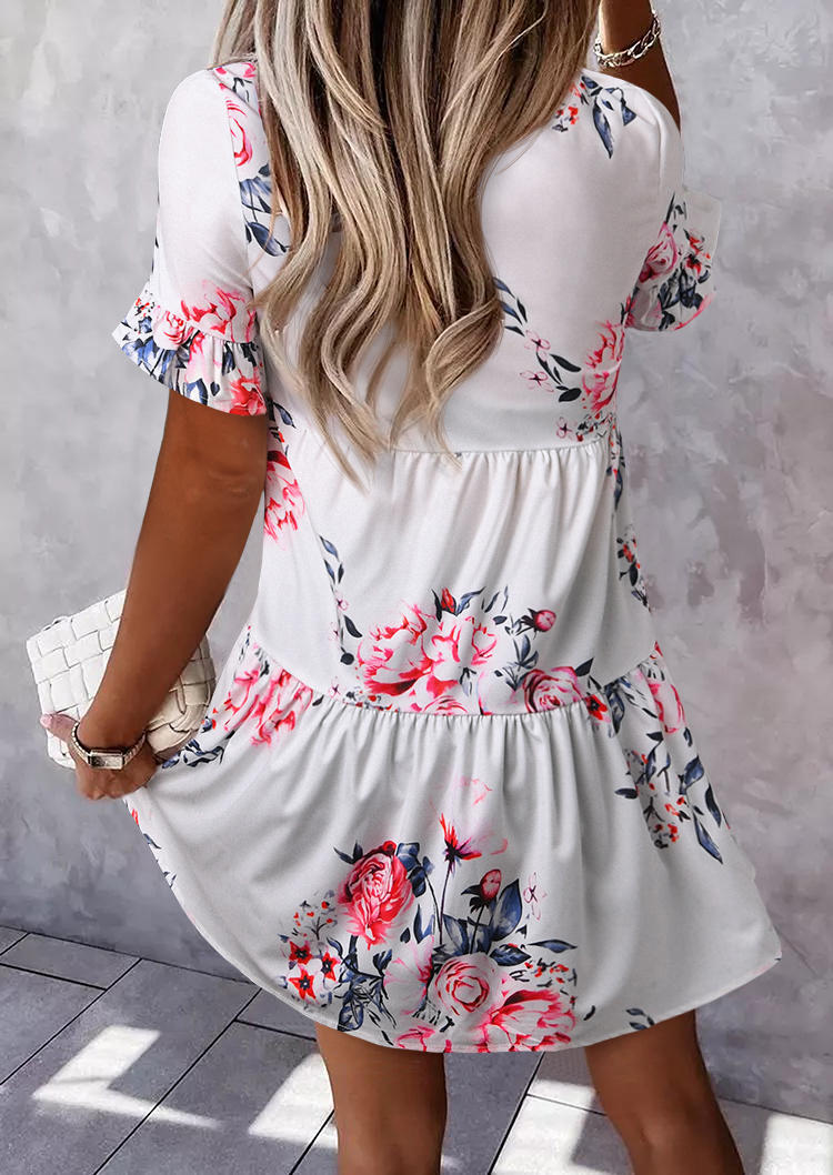 

Mini Dresses Floral Ruffled V-Neck Mini Dress in White. Size