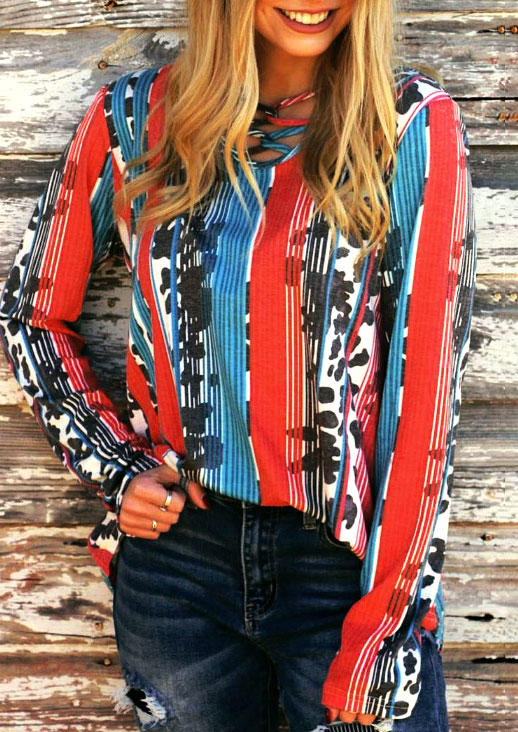 Criss-Cross Striped Cow Long Sleeve Blouse