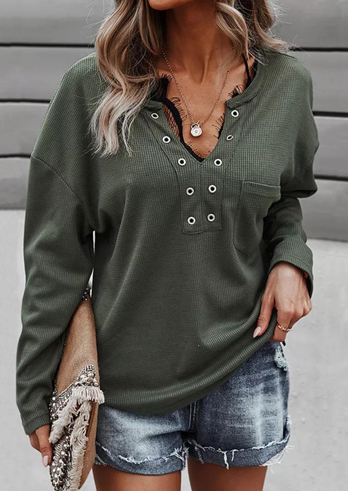 

Blouses Eyelet V-Neck Pocket Long Sleeve Blouse in Army Green. Size