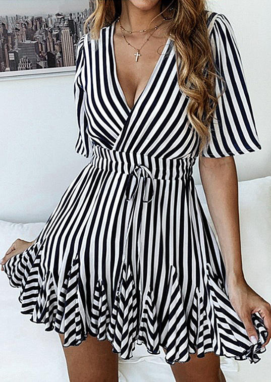 

Mini Dresses Striped Tie Ruffled V-Neck Mini Dress in Stripe. Size