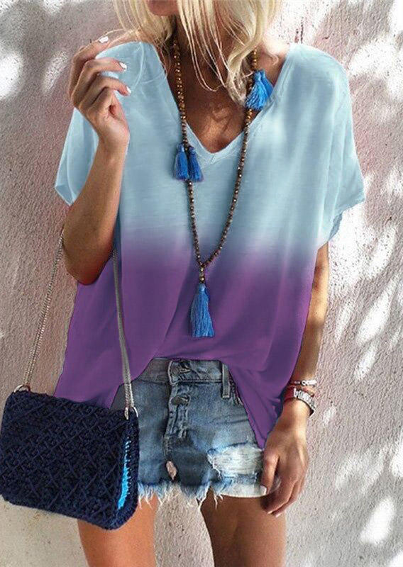 

Blouses Gradient Short Sleeve V-Neck Blouse in Multicolor. Size