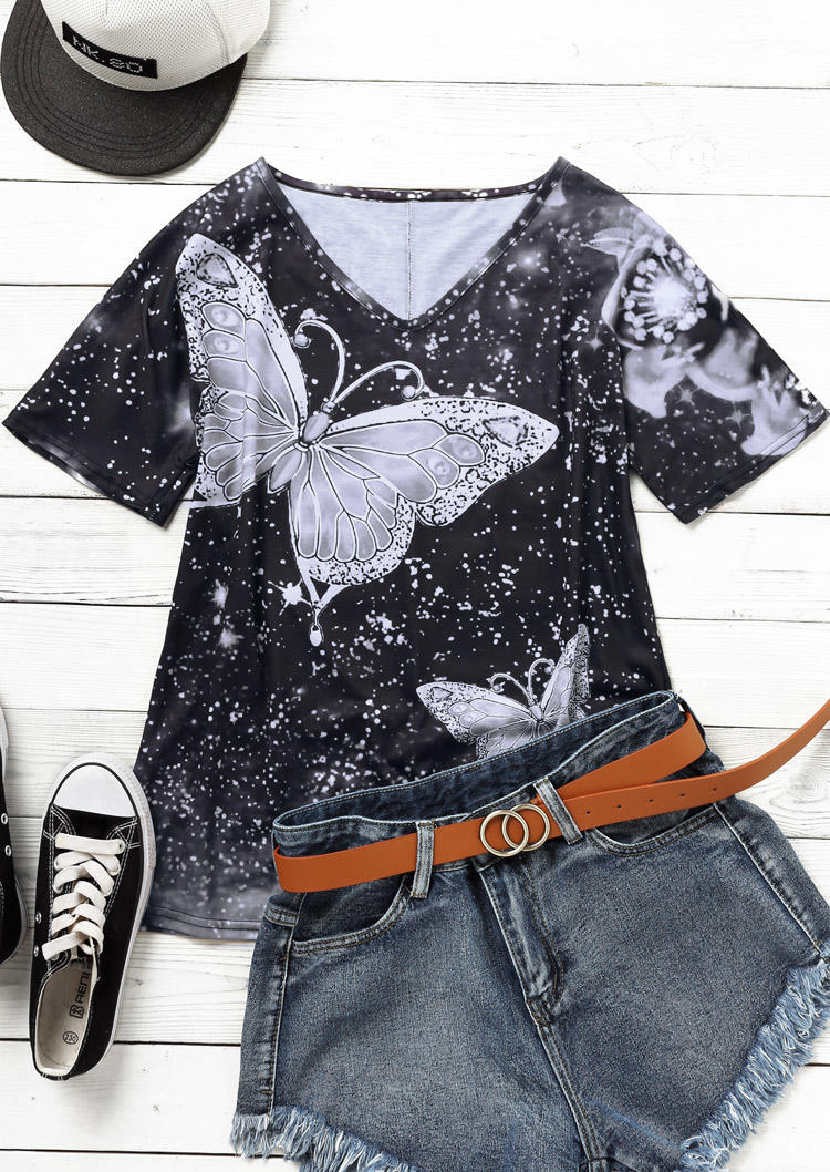 

Blouses Vintage Butterfly Short Sleeve Casual Blouse in Gray. Size