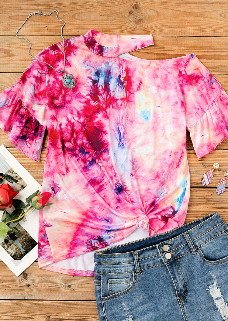

Blouses Tie Dye One Sided Cold Shoulder Blouse in Pink. Size